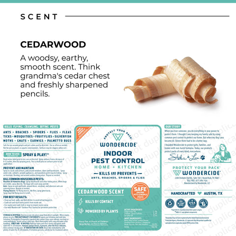 Wondercide etiqueta con ingredientes y usos para protección doméstica
