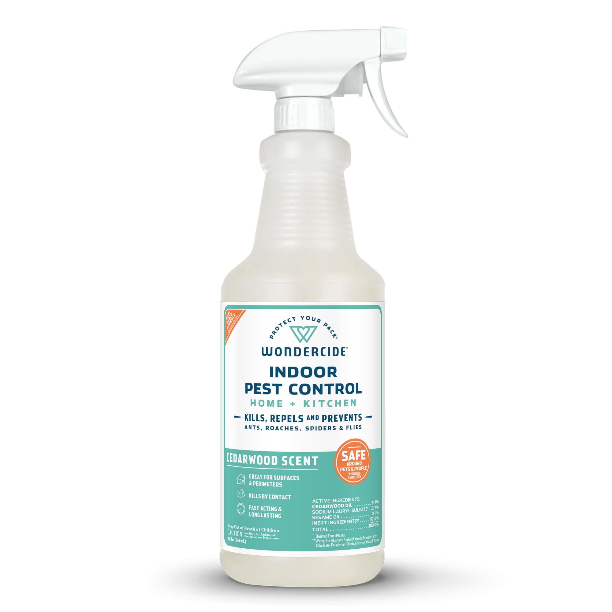 Wondercide botella frente mostrando etiqueta y beneficio control natural