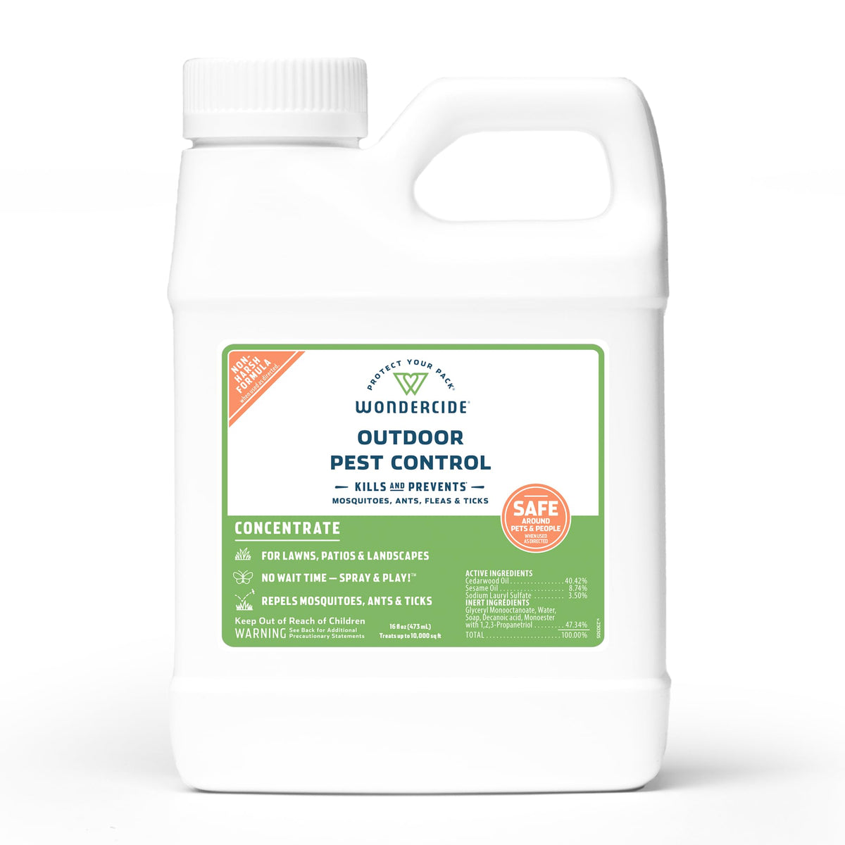 Wondercide envase frontal 16 oz mostrando diseño y uso seguro