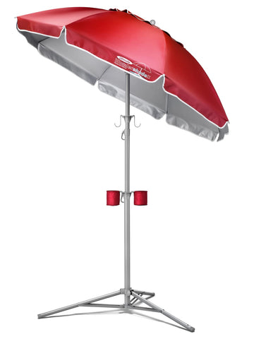 Wondershade vista frontal del toldo rojo mostrando protección y fácil montaje