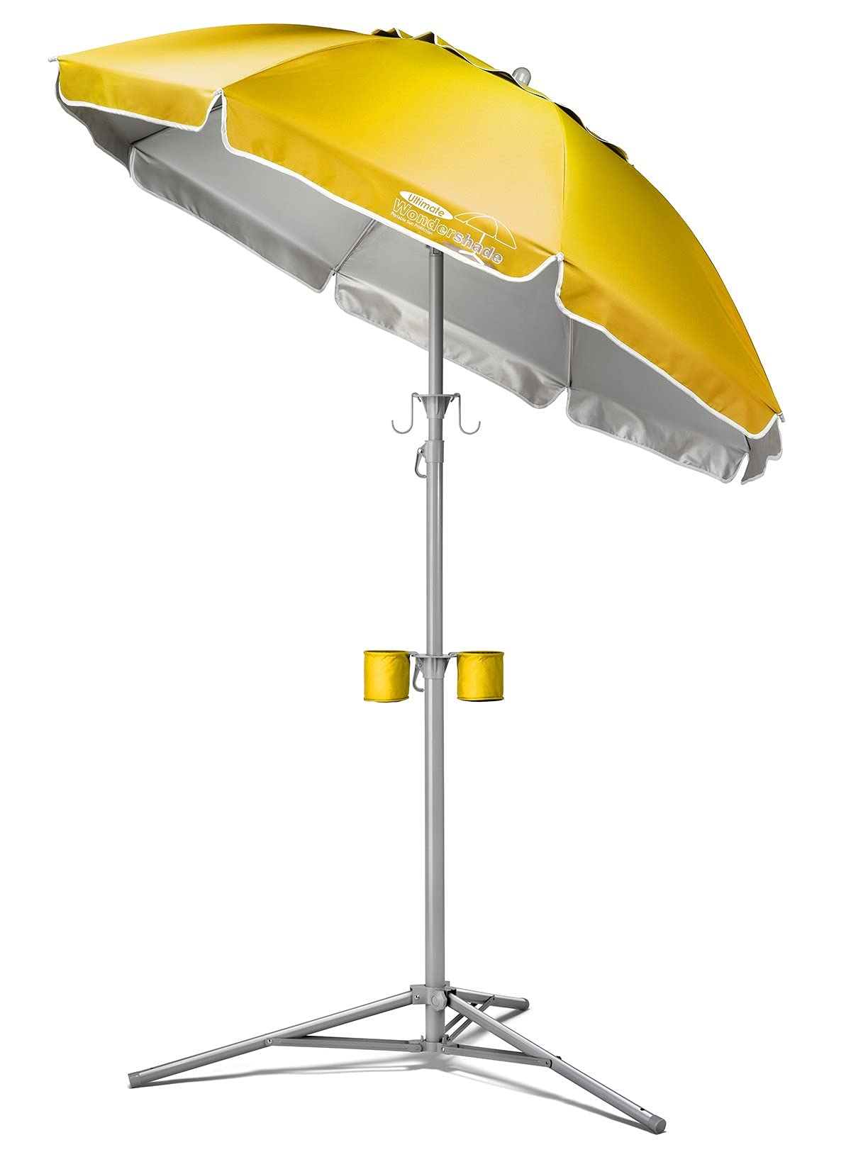 Wondershade parasol amarillo frontal mostrando cobertura y diseño portátil