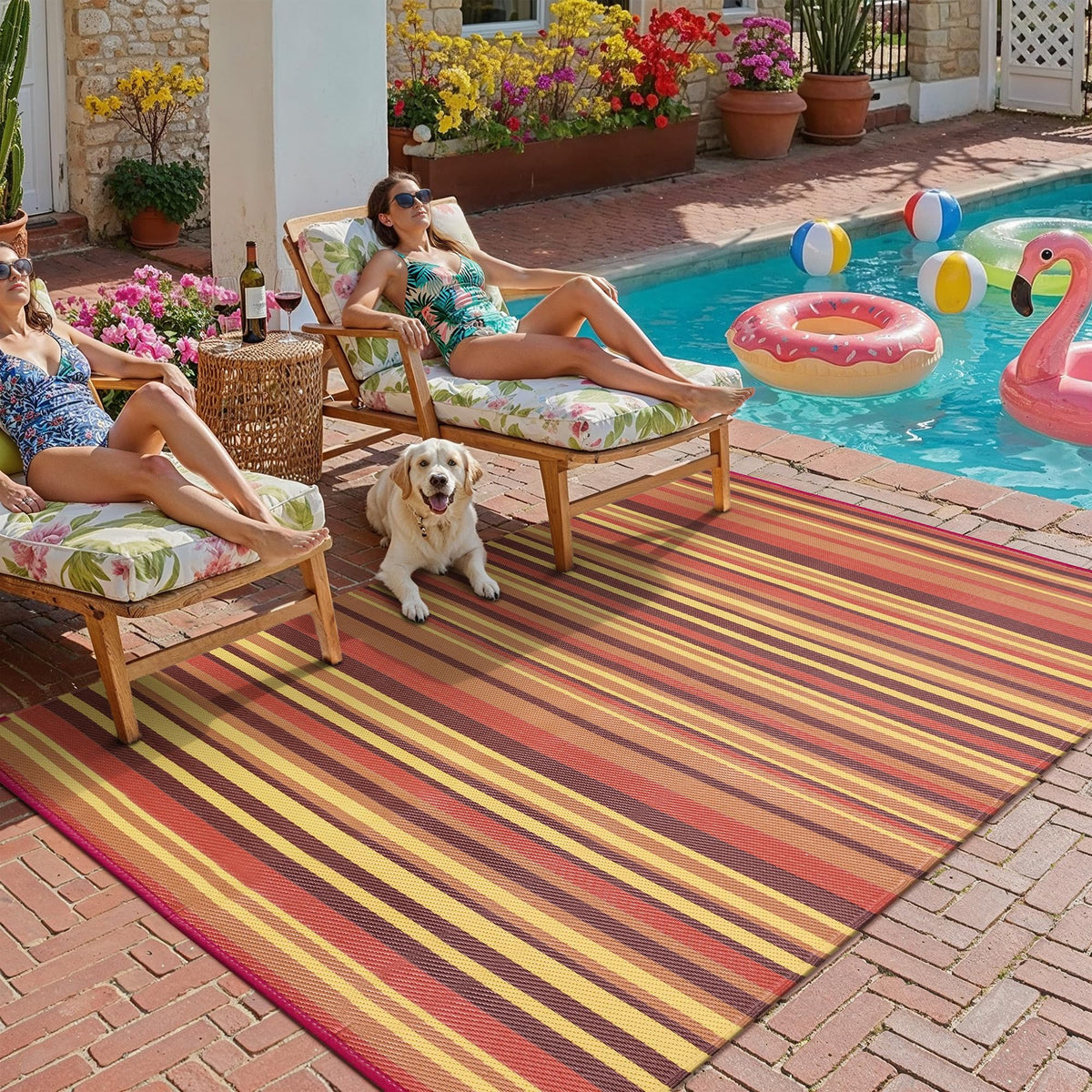 WondRg alfombra exterior 5x8 frontal con rayas rojas y naranjas, aporta color