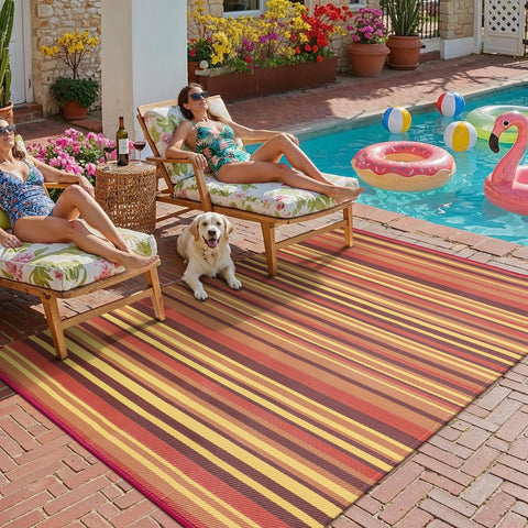 WondRg alfombra exterior 5x8 frontal con rayas rojas y naranjas, aporta color