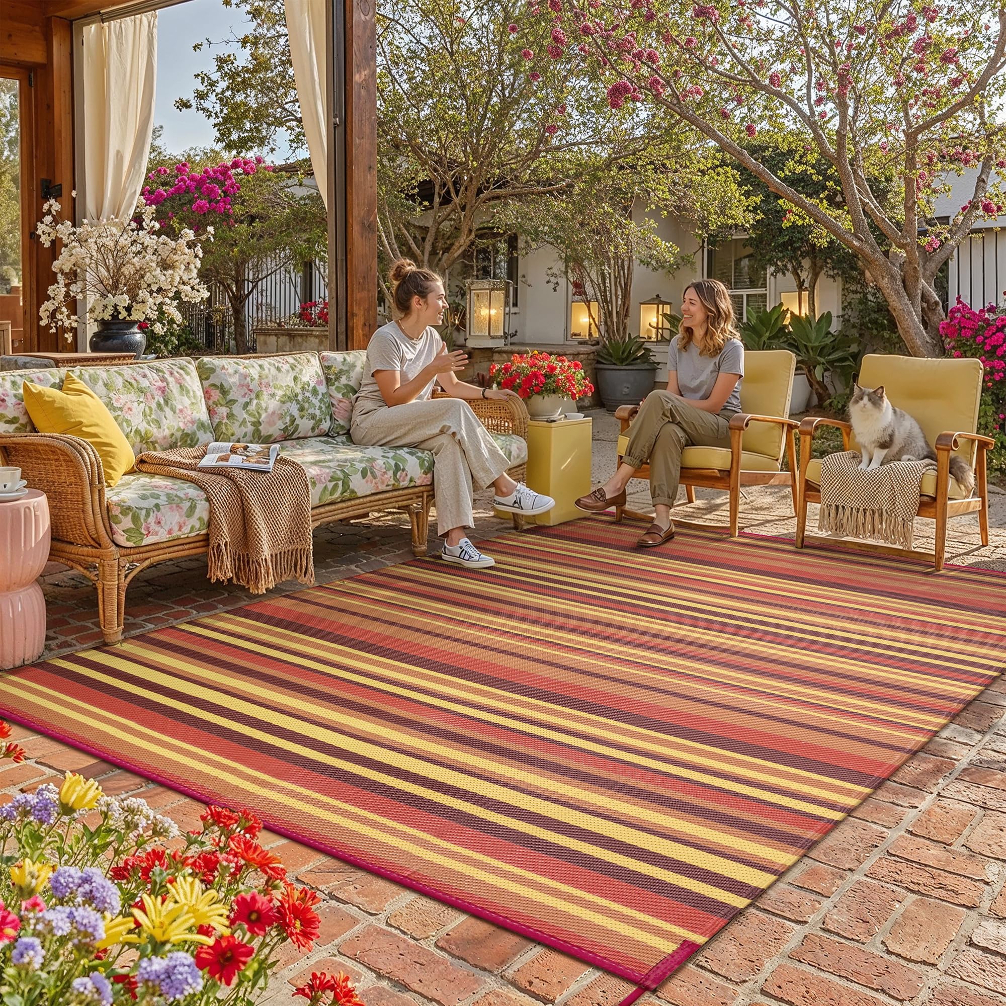 WondRg alfombra exterior frontal mostrando franjas rojas y naranjas y aspecto duradero