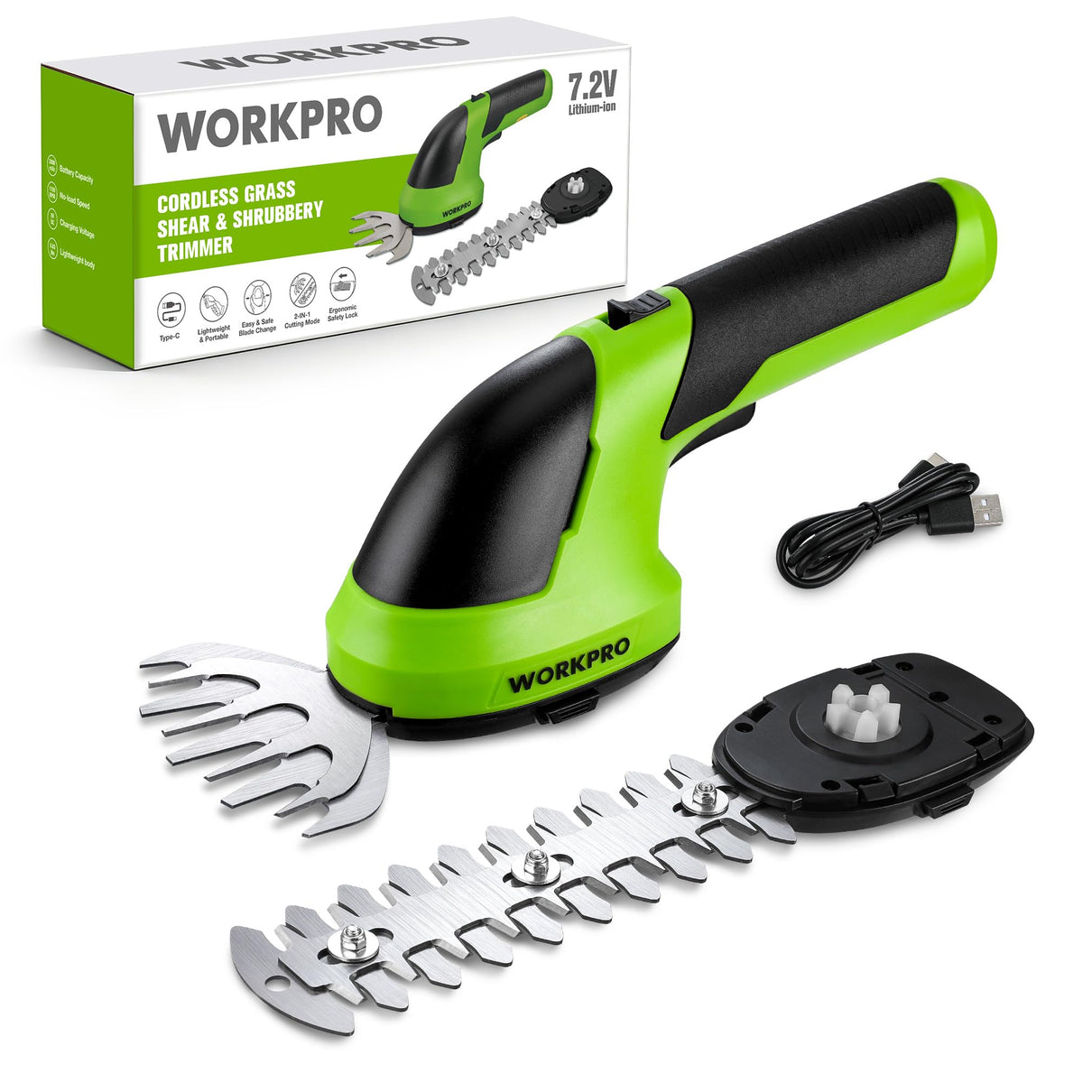 WORKPRO vista frontal del cortasetos ligero y portátil, ideal para jardines pequeños