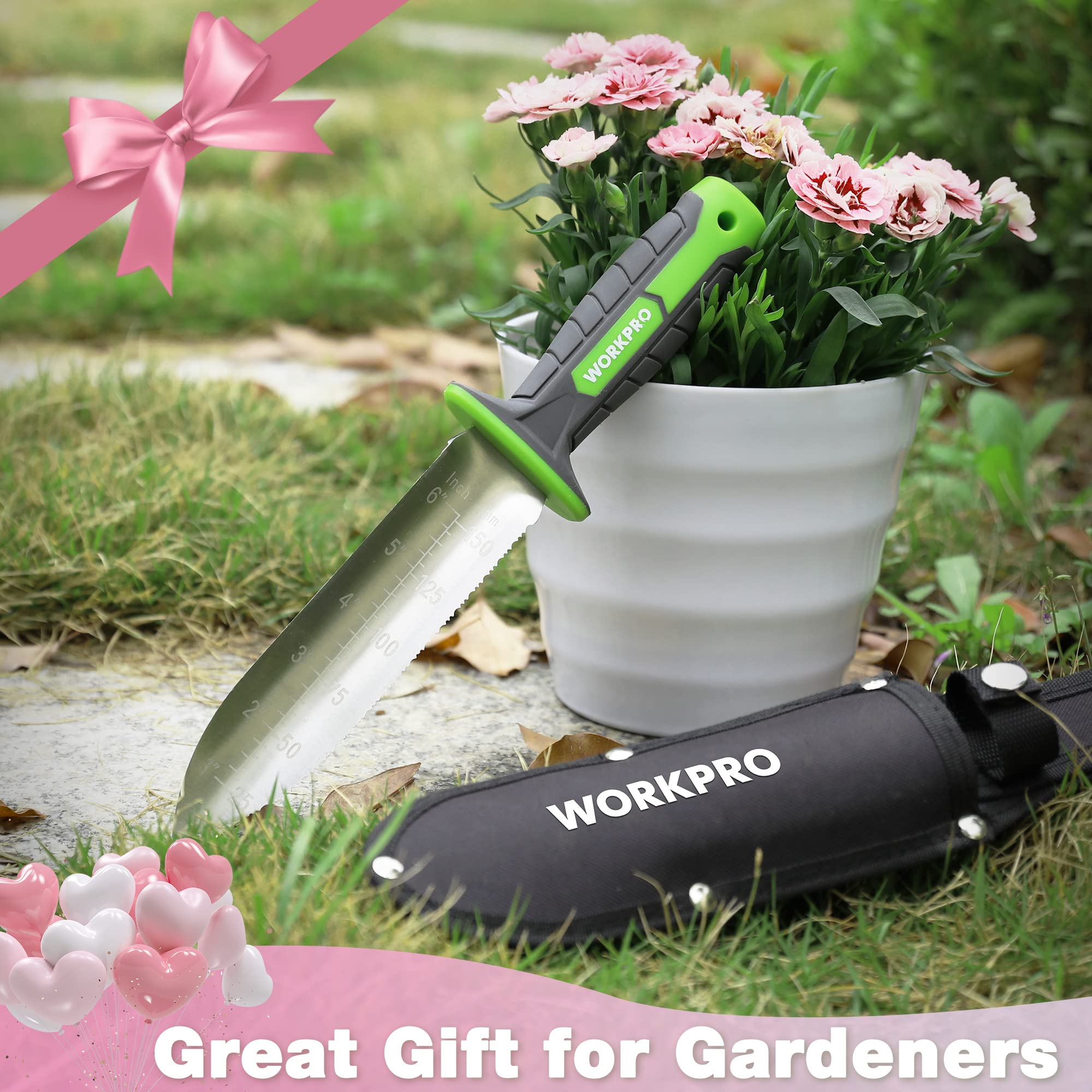 WORKPRO hori hori cavando en maceta, versatilidad para jardinería