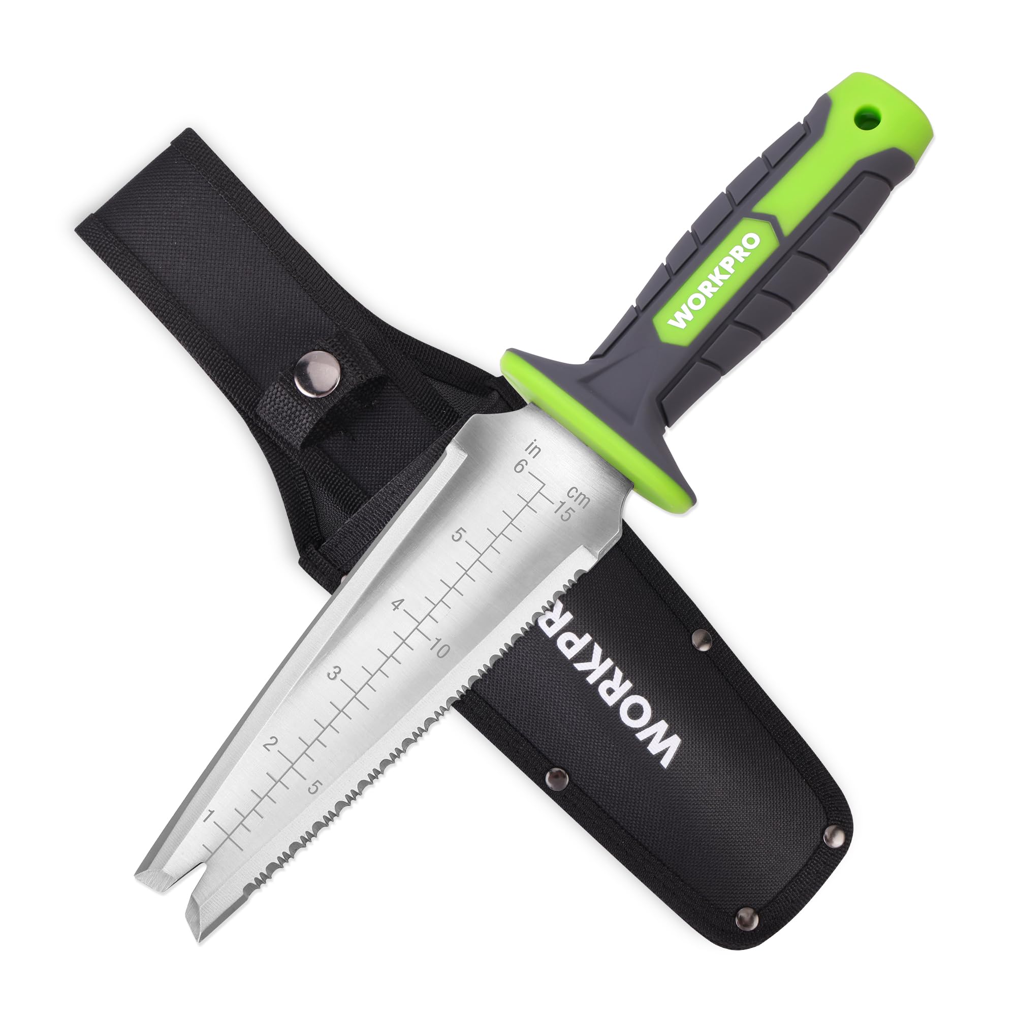 WORKPRO cuchillo Hori Hori frontal mostrando hoja completa y funda para mayor versatilidad