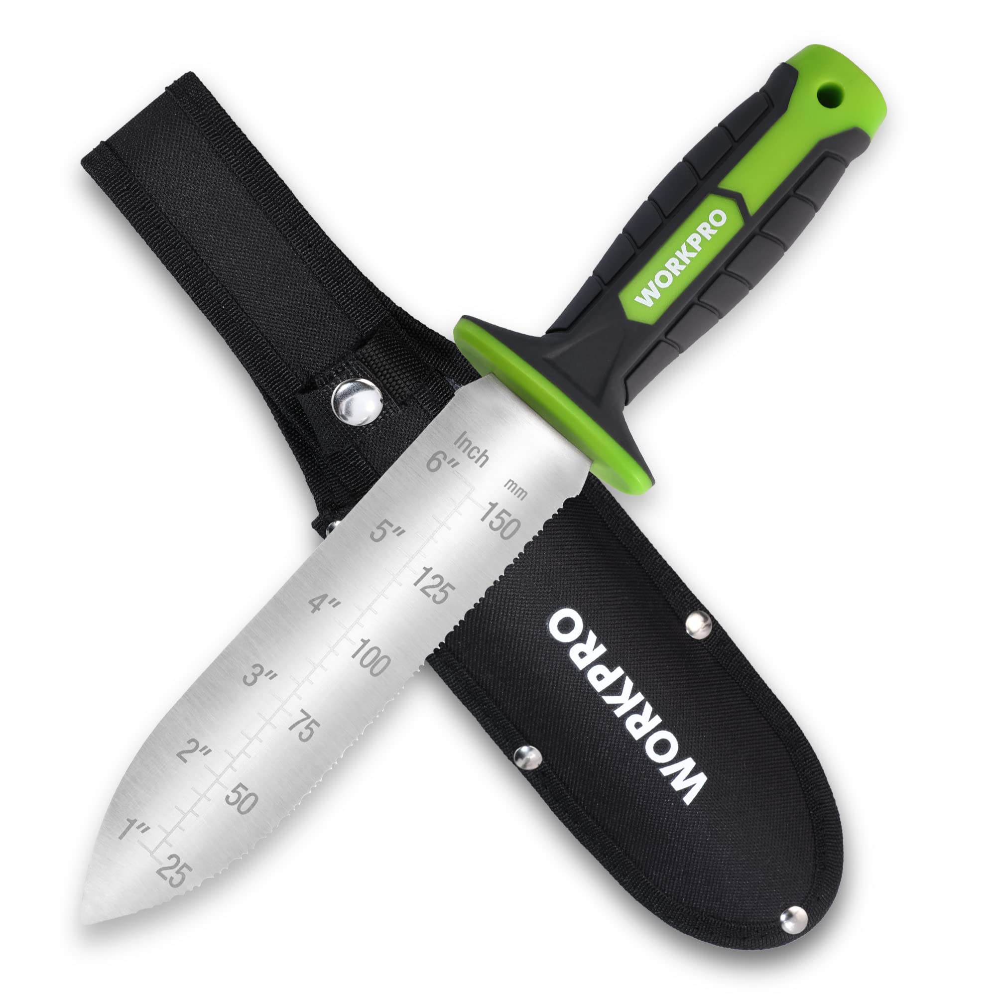 WORKPRO cuchillo hori hori frontal mostrando hoja y mango, durabilidad