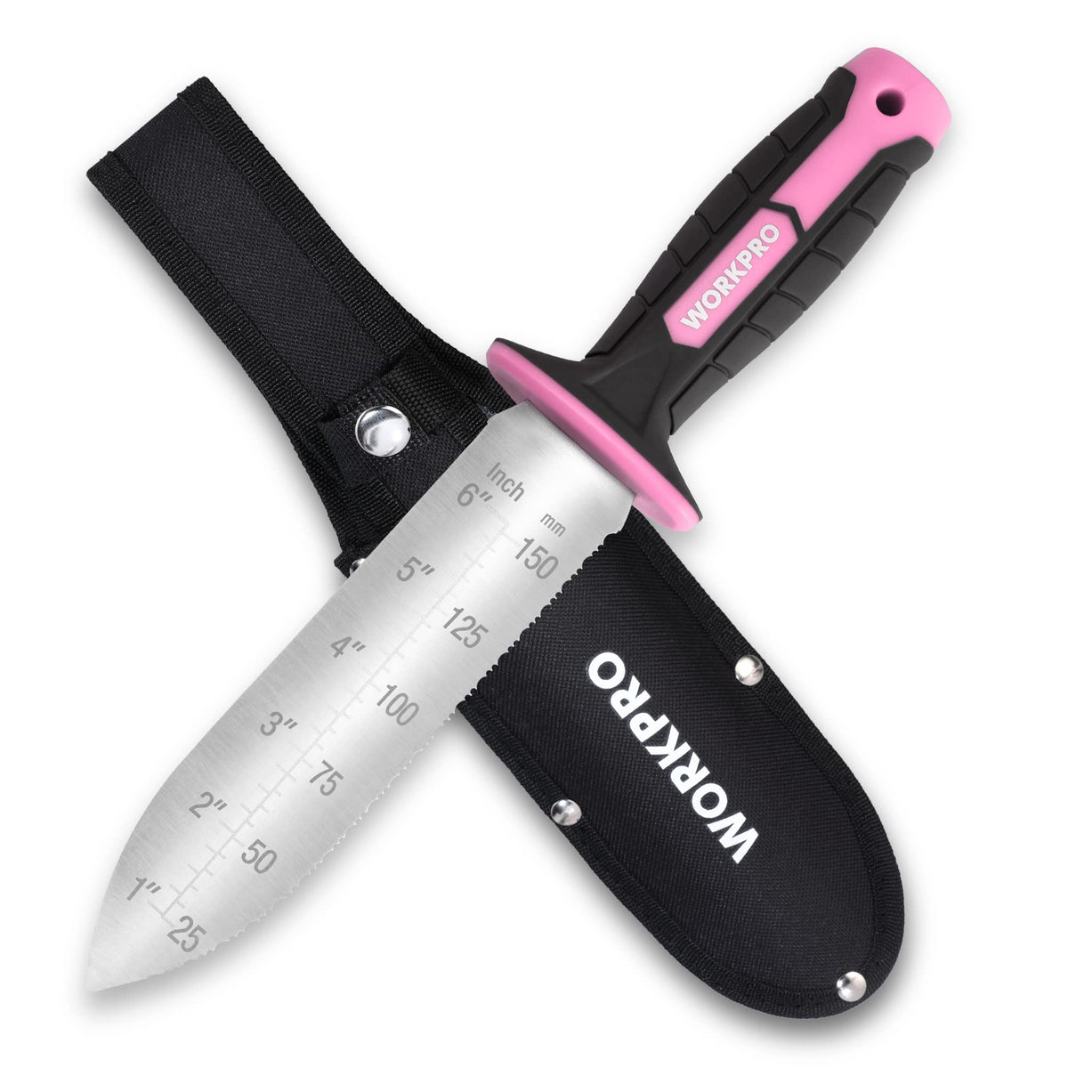 WORKPRO cuchillo hori hori frontal mostrando diseño y robustez