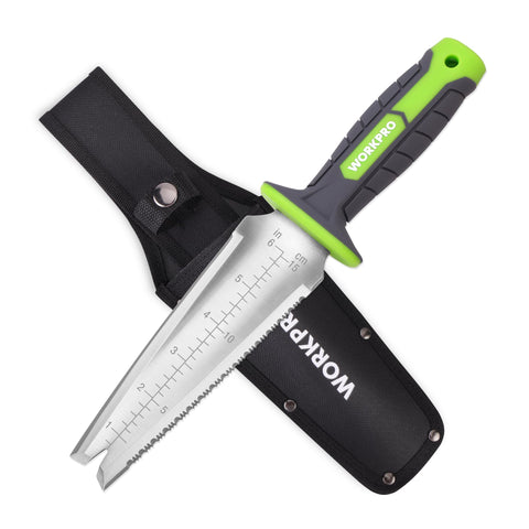 WORKPRO cuchillo Hori Hori frontal mostrando hoja completa y funda para mayor versatilidad