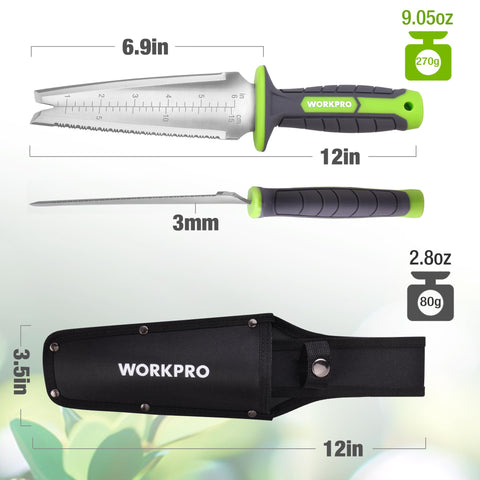 WORKPRO marcas en la hoja con pulgadas y milímetros para medir profundidad al plantar