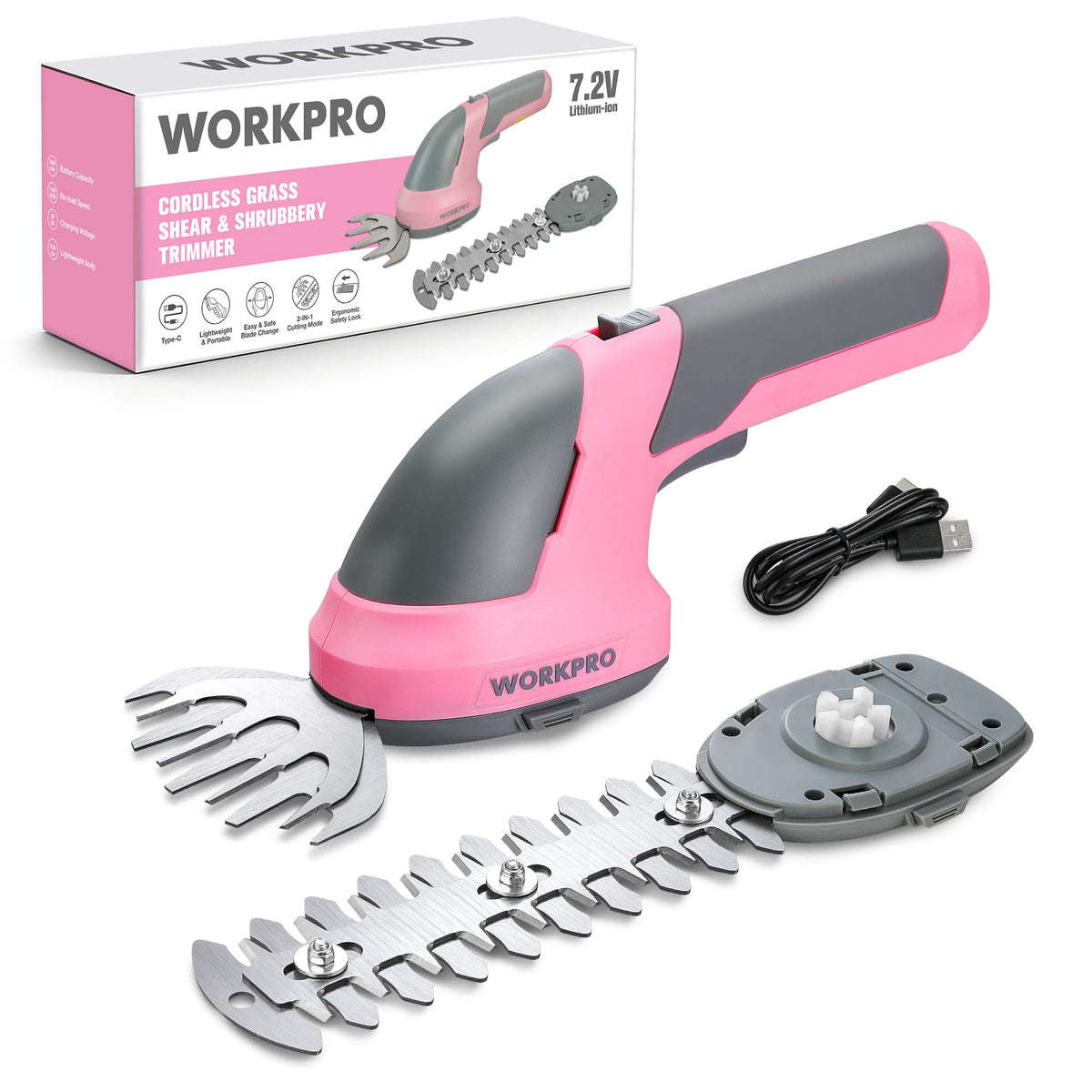 WORKPRO vista frontal del producto y empaque rosa mostrando diseño compacto