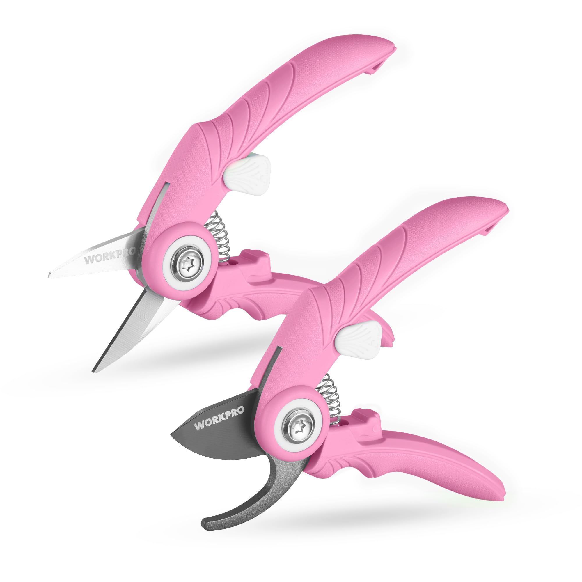 WORKPRO pack frontal de dos tijeras rosa mostrando diseño compacto y pareja de herramientas