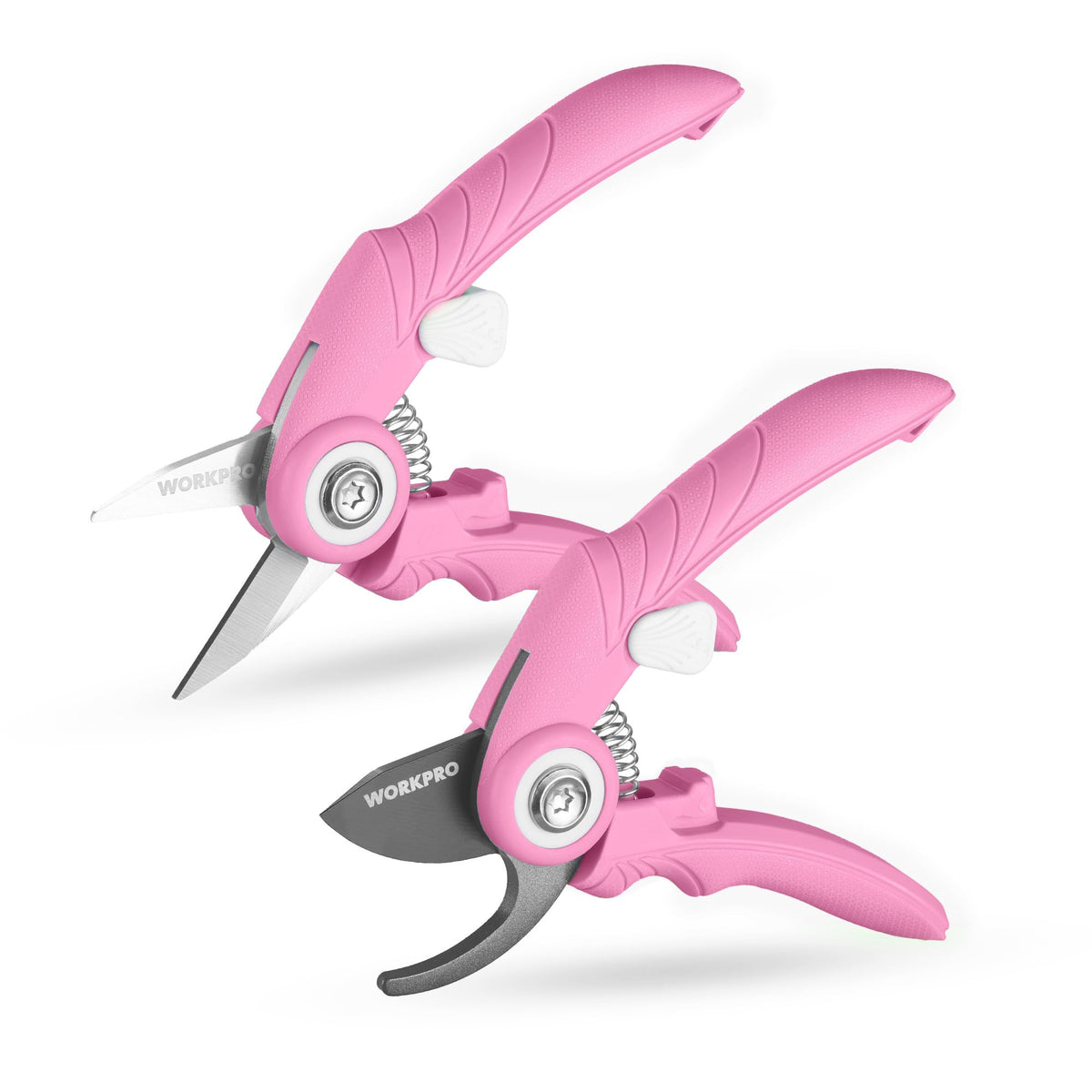 WORKPRO pack frontal de dos tijeras rosa mostrando diseño compacto y pareja de herramientas