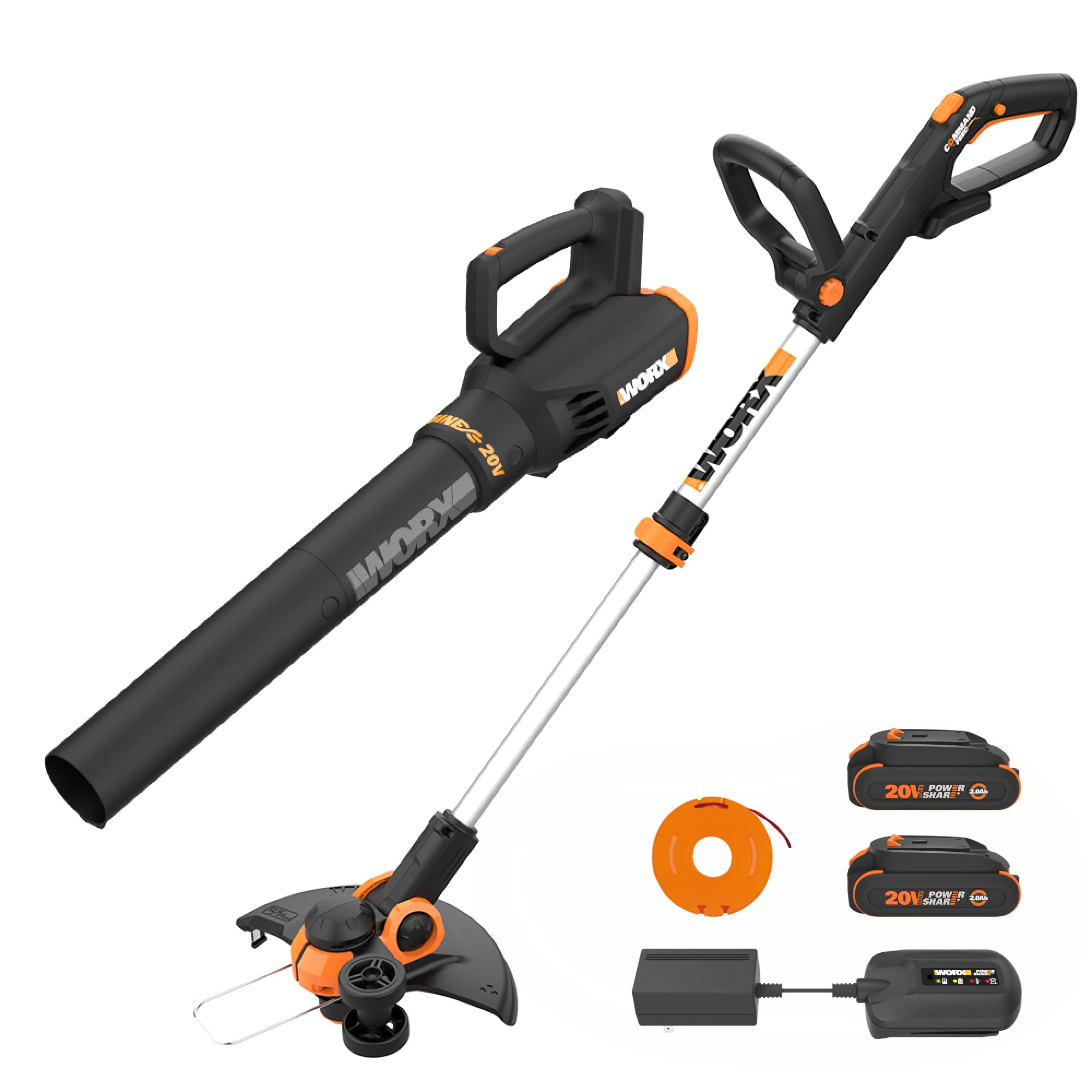WORX vista frontal del kit WG928 muestra recortador y soplador, ahorro y compatibilidad