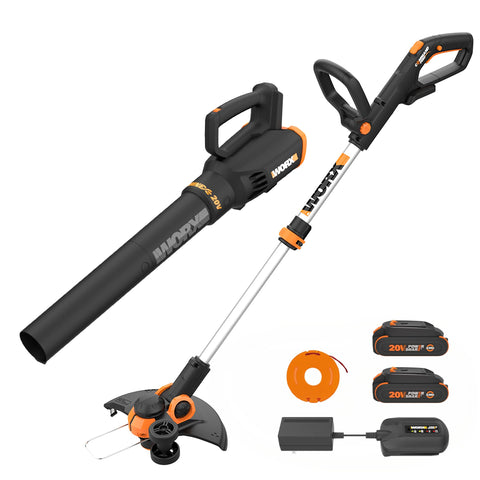 WORX vista frontal del kit WG928 muestra recortador y soplador, ahorro y compatibilidad