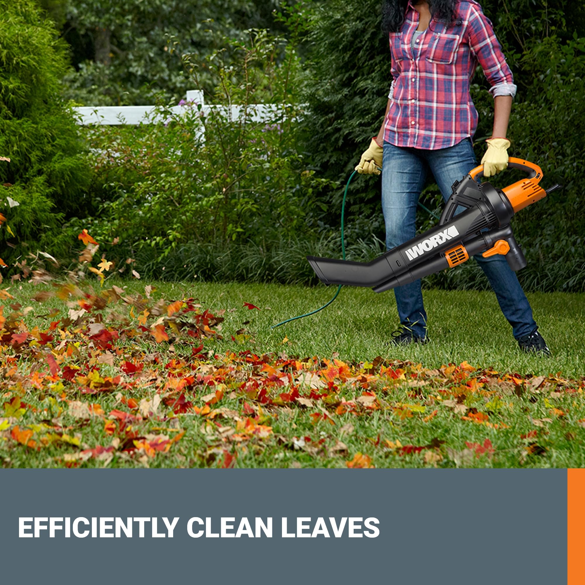 WORX Trivac WG509 aspirando hojas bajo muebles para accesos estrechos