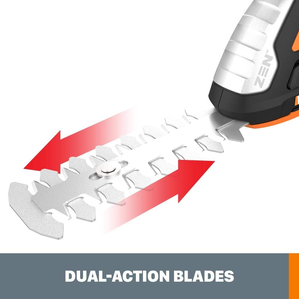 WORX recortadora en uso cortando borde de césped con control cómodo