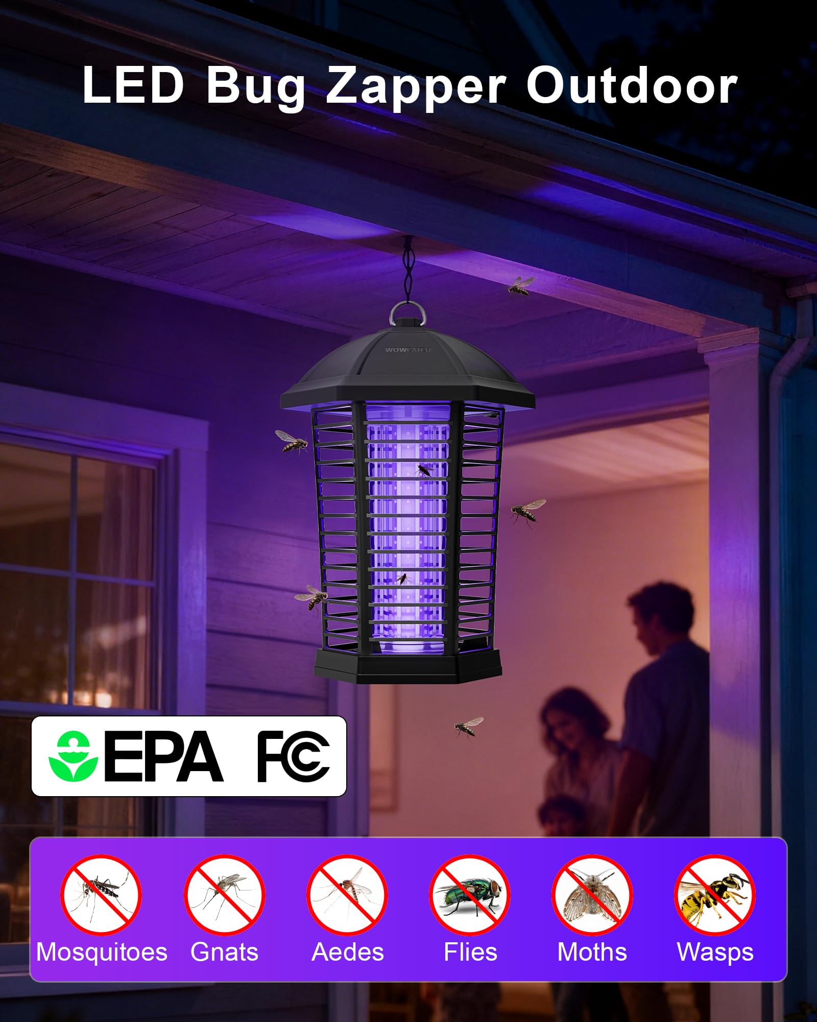 WowCatch primer plano de la rejilla de 4200V, muestra seguridad y eliminación instantánea de insectos