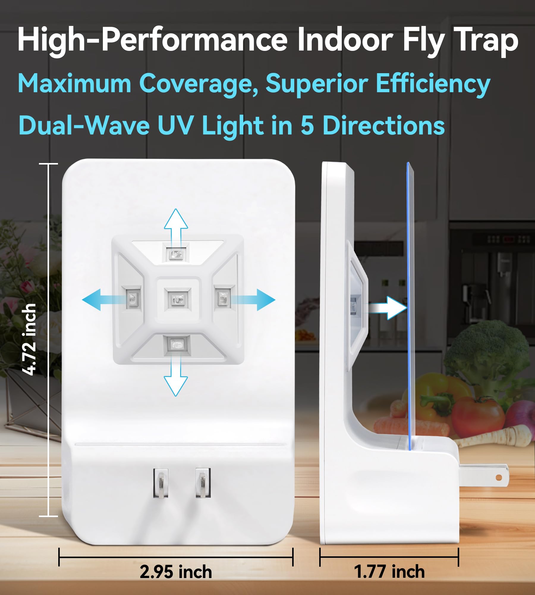 WowCatch instalado en enchufe de cocina para control de moscas cerca de alimentos