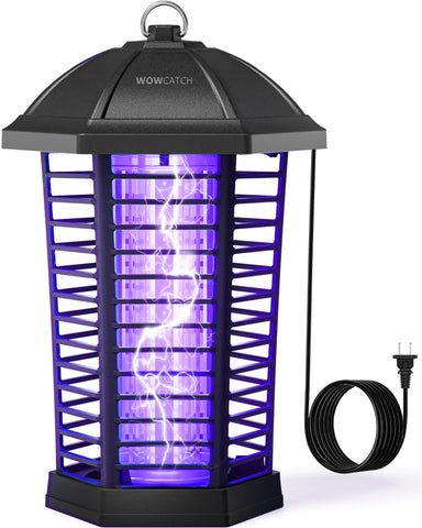 WowCatch vista frontal del zapper exterior mostrando la jaula protectora y LEDs, facilita control de insectos
