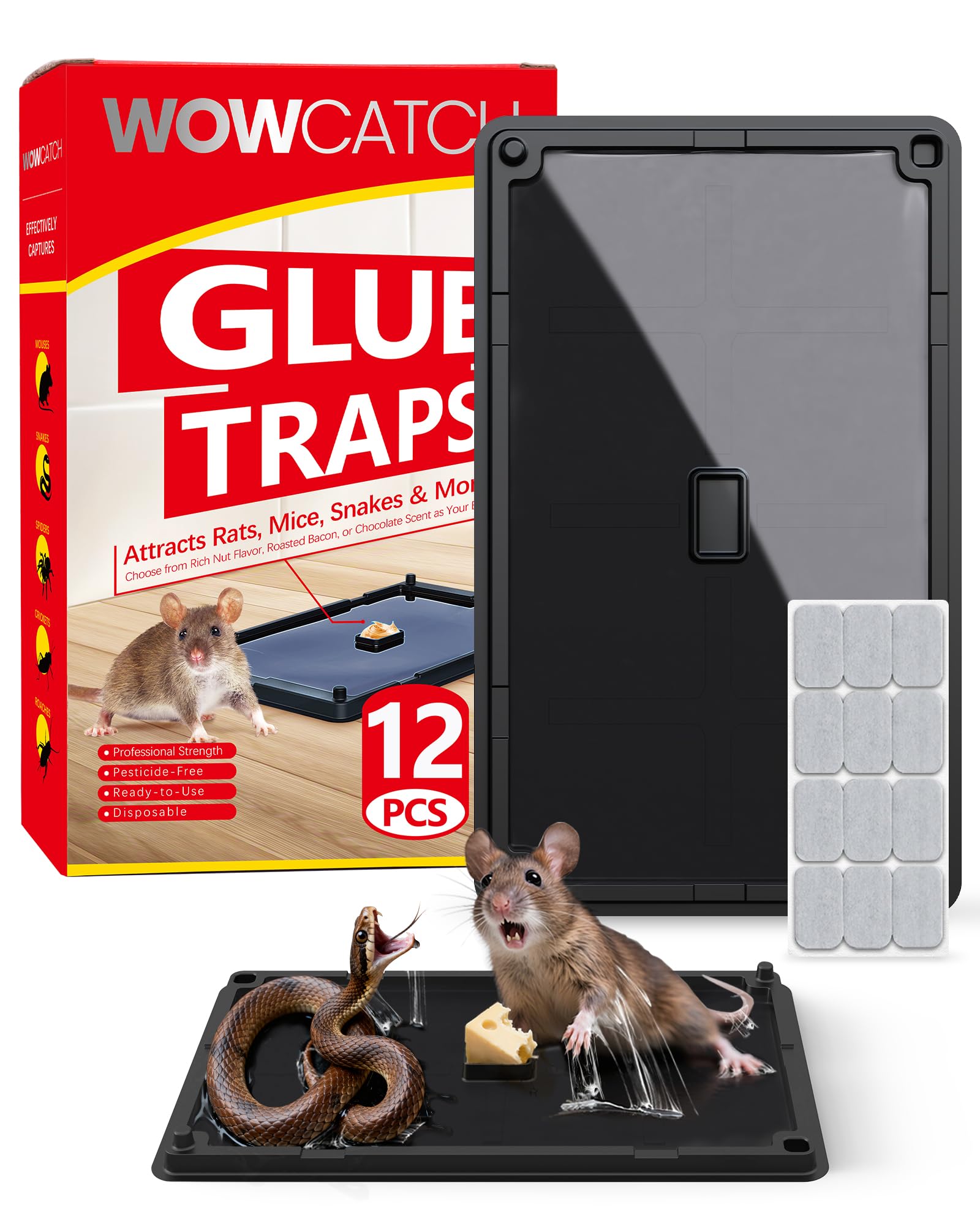 WowCatch caja frontal del pack mostrando 12 trampas, solución sin veneno