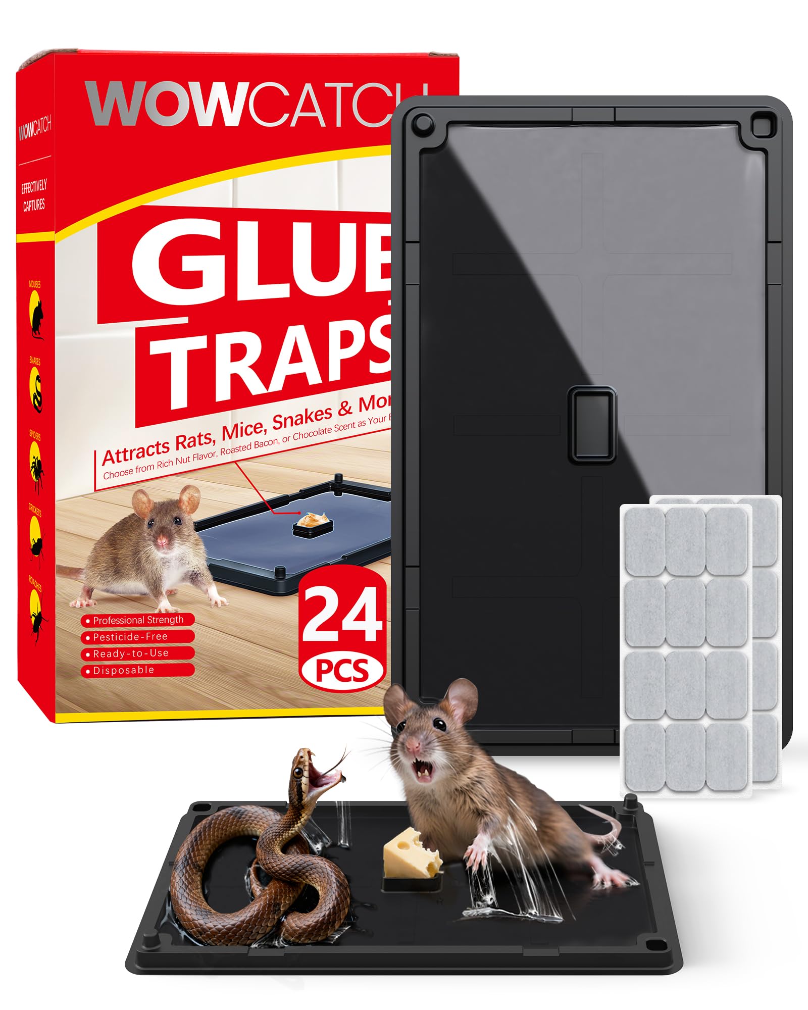 WowCatch paquete frontal mostrando 24 trampas grandes y lista de beneficios