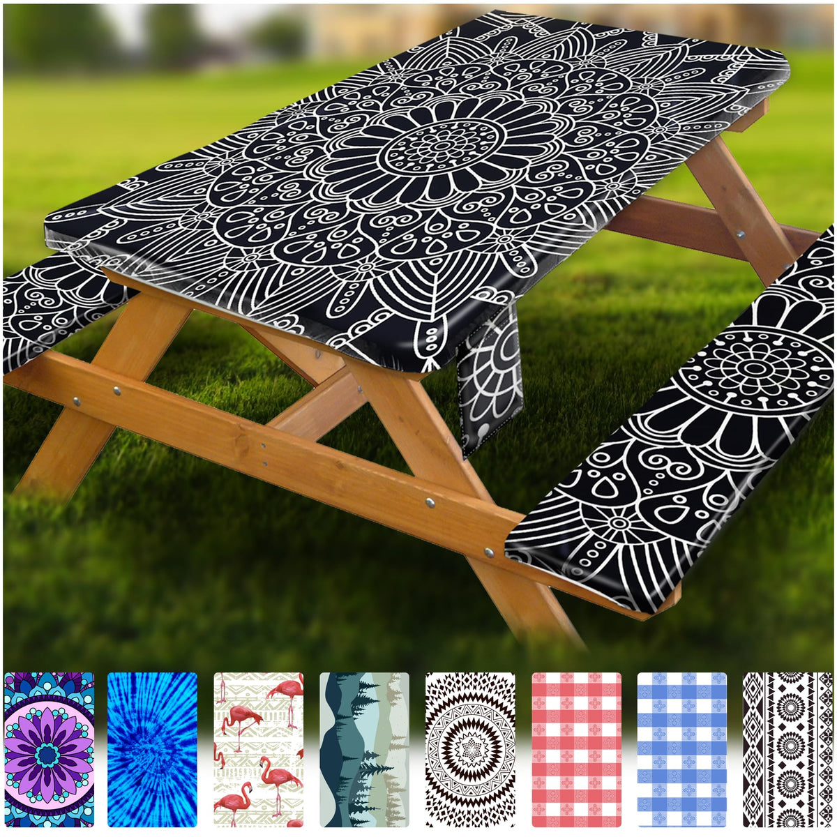 Wrakus vista frontal del mantel Negro Mandala mostrando protección resistente