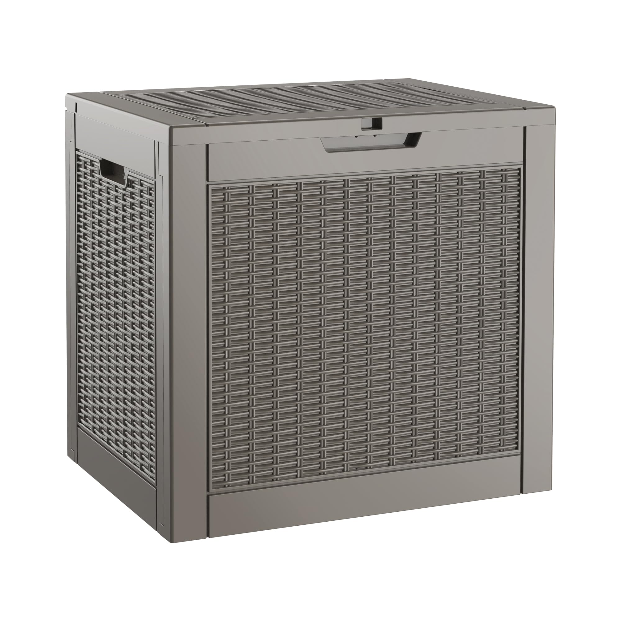 WTFGO caja rattan gris frontal mostrando diseño y capacidad