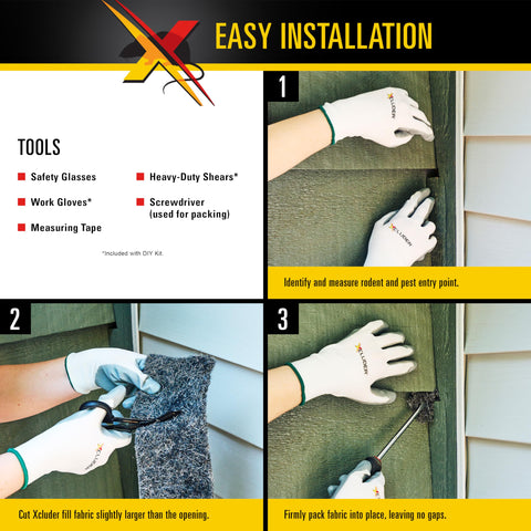 Xcluder contenido del kit con tijeras y guantes para instalación segura