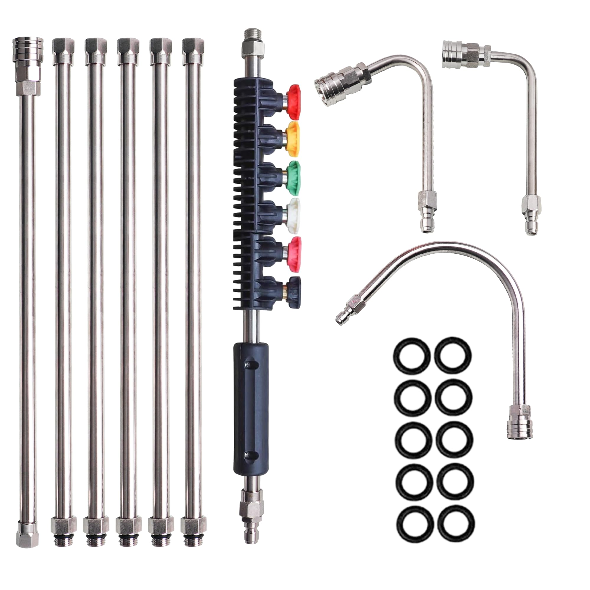 Xiny Tool paquete frontal mostrando las varas y boquillas para mayor alcance