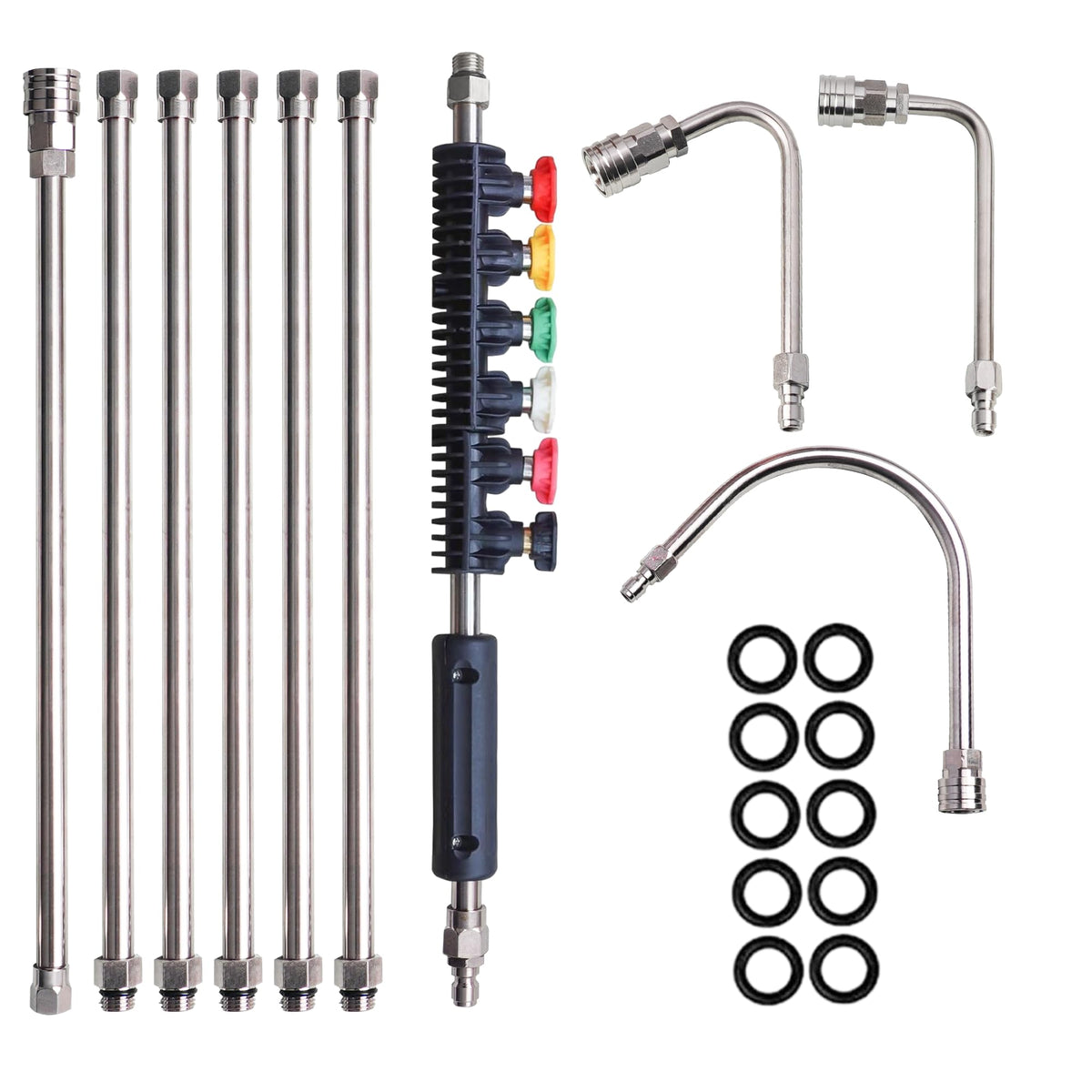 Xiny Tool paquete frontal mostrando las varas y boquillas para mayor alcance