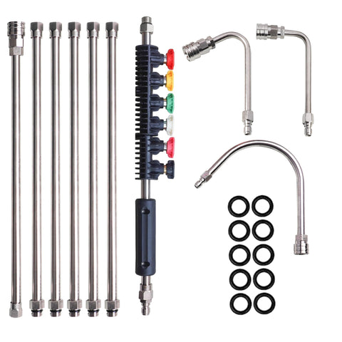 Xiny Tool paquete frontal mostrando las varas y boquillas para mayor alcance