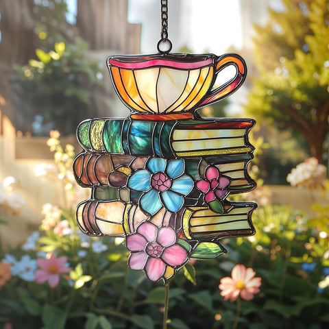 XISZYS suncatcher frontal mostrando diseño de libros y color vibrante