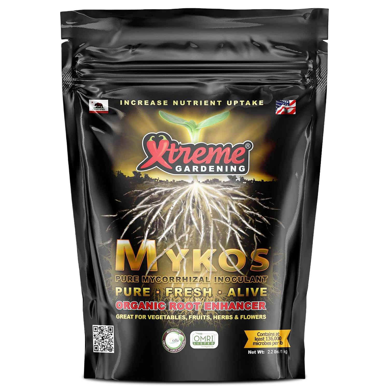 Xtreme Gardening paquete frontal mostrando producto y beneficio de raíces saludables