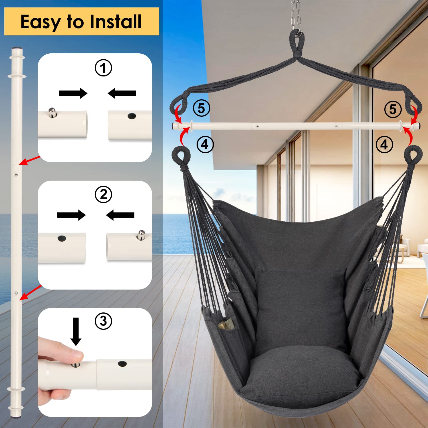 Y- STOP silla colgante en uso en jardín mostrando relax exterior