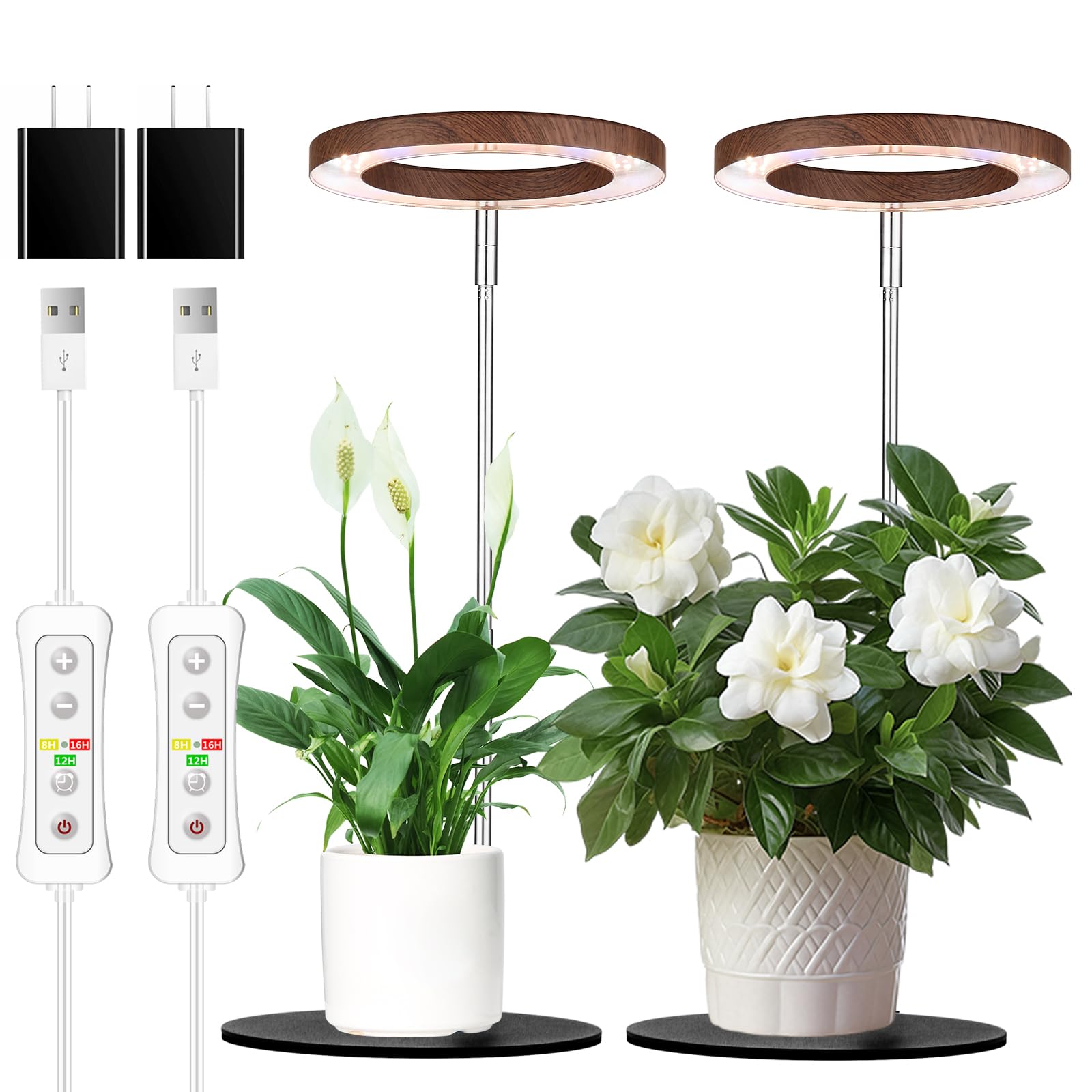 yadoker vista frontal de la lámpara de cultivo con diseño nogal y base negra, estética y funcionalidad