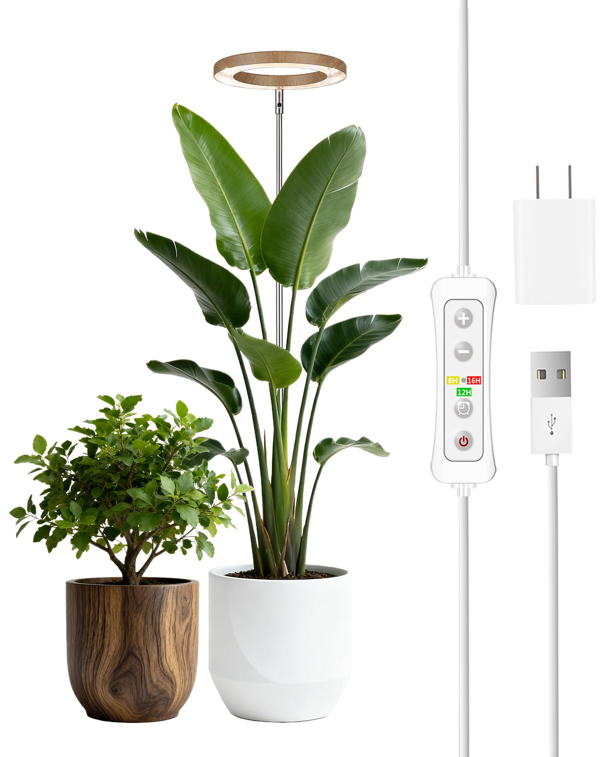 yadoker vista frontal de la lámpara con acabado madera y control fácil