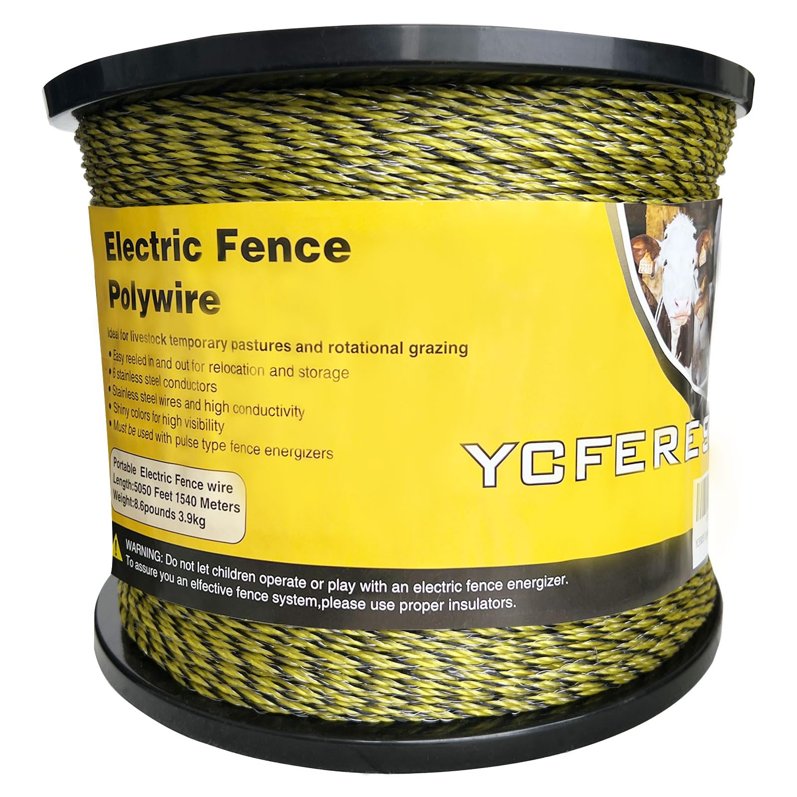 YCFERESY bobina frontal del polywire 5050 ft mostrando longitud y embalaje, resistencia