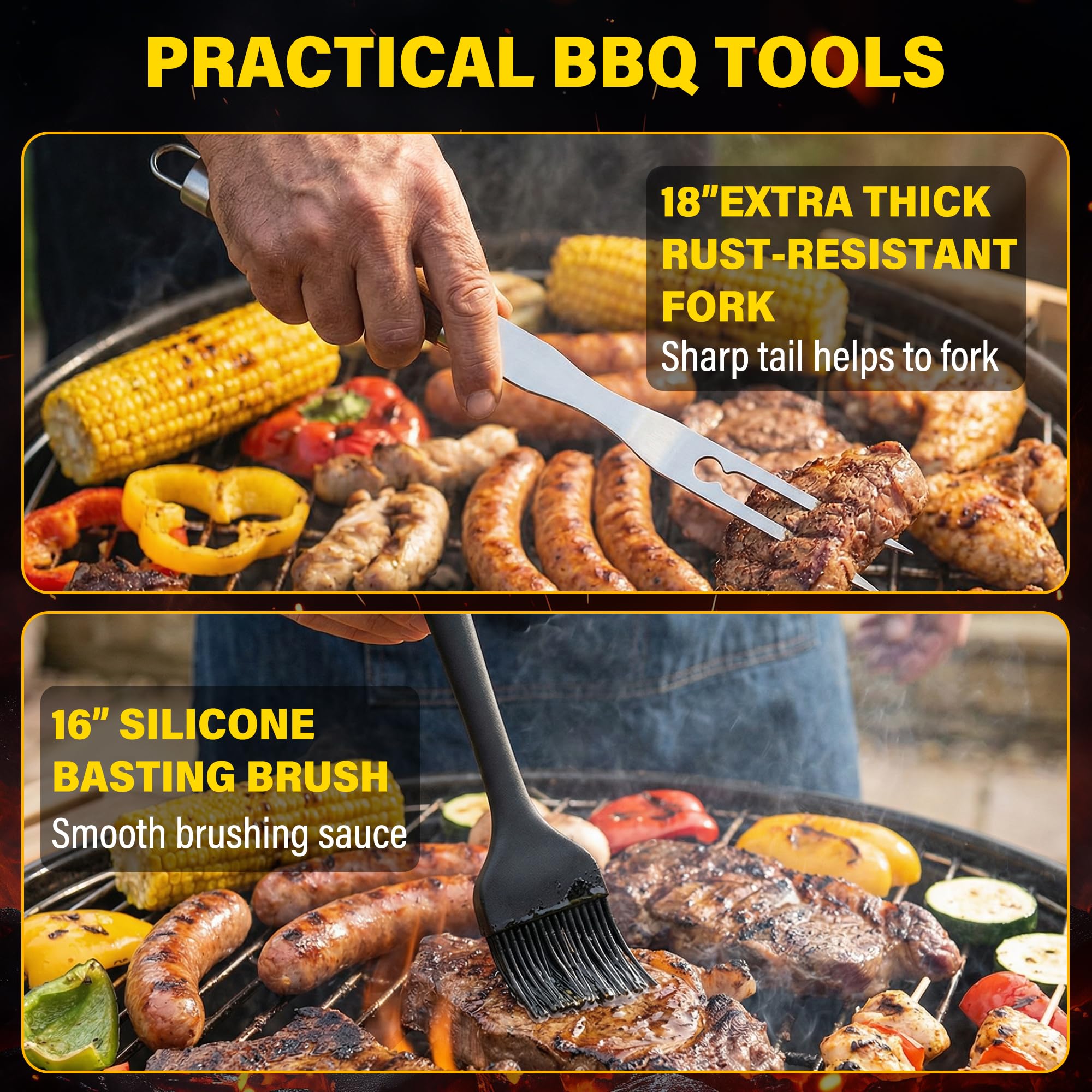 Yekale herramientas en uso sobre parrilla, muestra ergonomía y practicidad