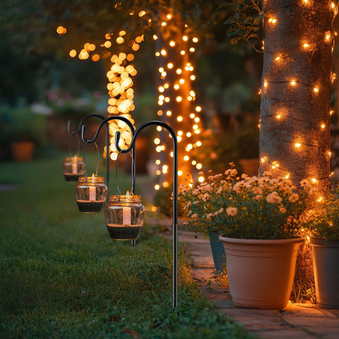 Yetene ganchos en ambiente de jardín, realzan iluminación y decoración exterior