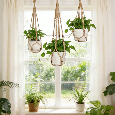 YIBOT ambiente boho con plantas colgantes creando rincón decorativo acogedor