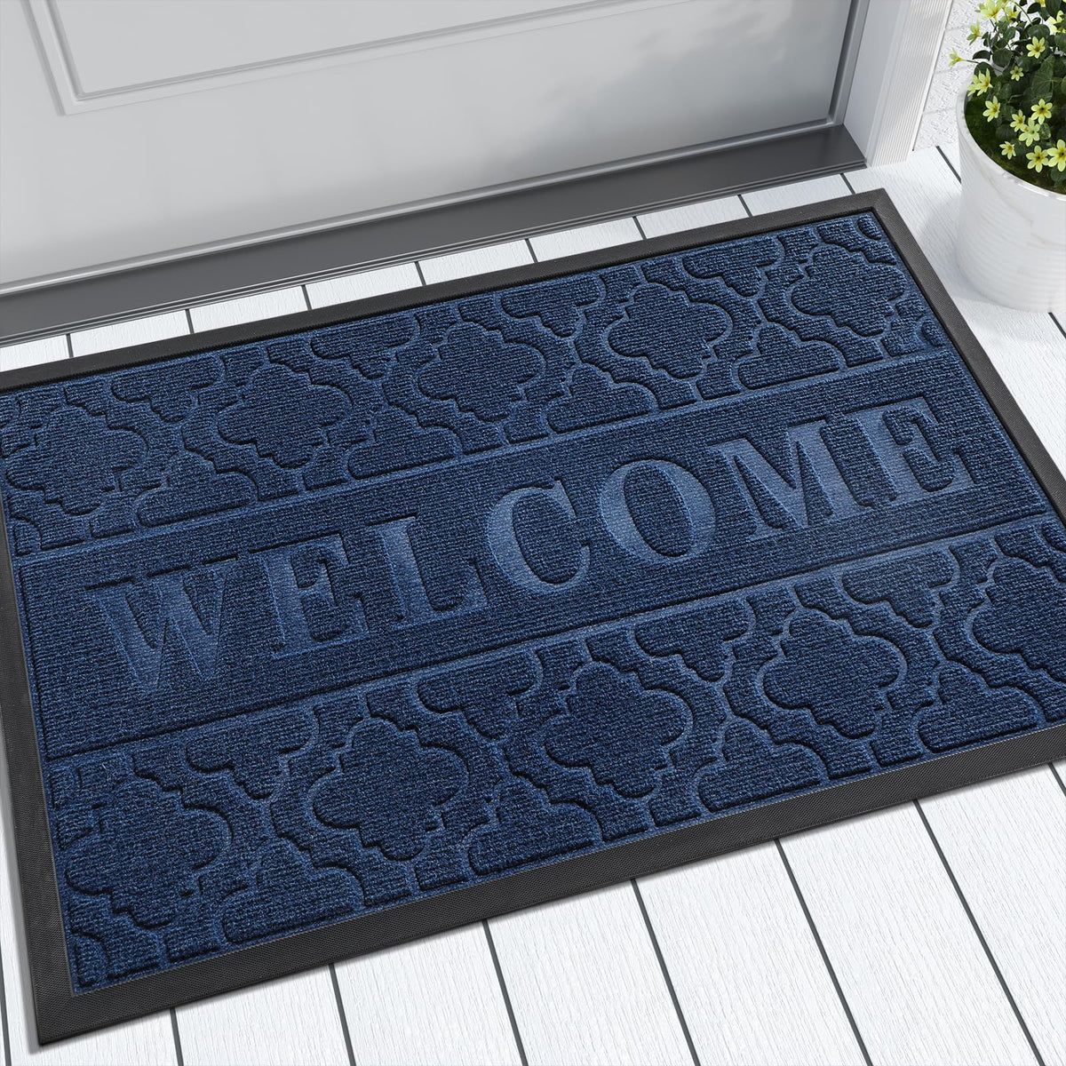 Yimobra felpudo frontal azul mostrando diseño "WELCOME" y bienvenida elegante