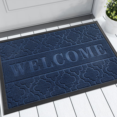 Yimobra felpudo frontal azul mostrando diseño "WELCOME" y bienvenida elegante