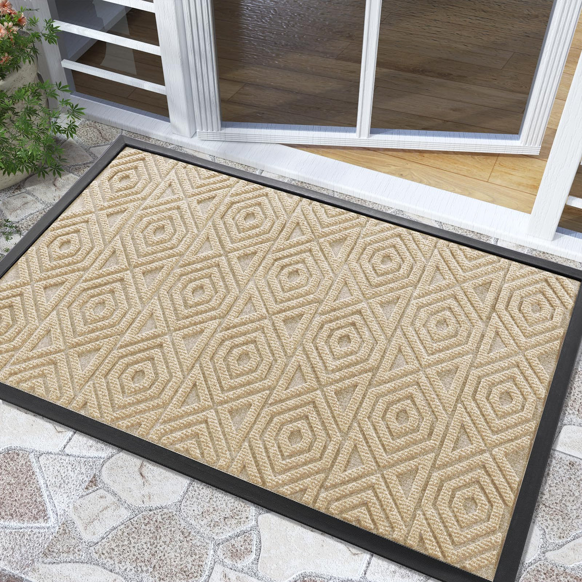 Yimobra felpudo frontal en beige claro protegiendo la entrada