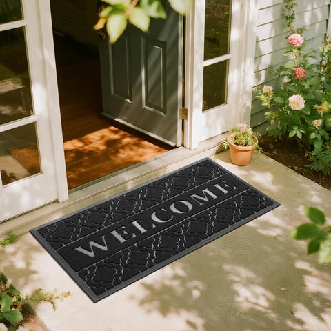 Yimobra felpudo frontal mostrando el diseño "WELCOME" y captación de suciedad