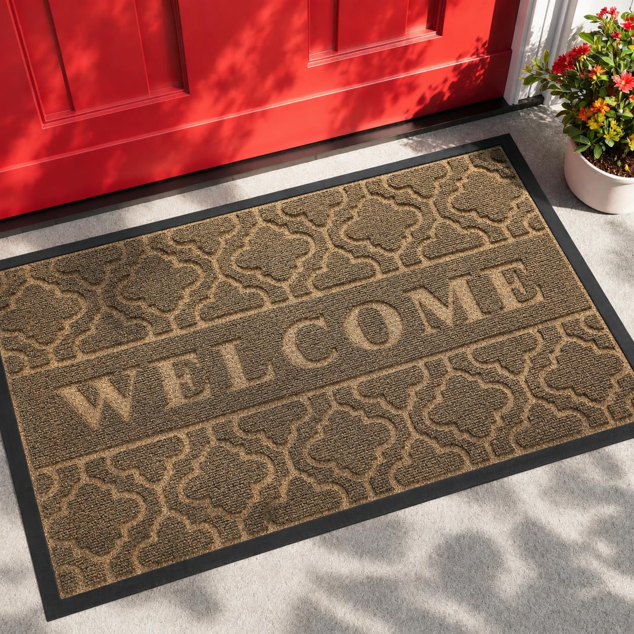 Yimobra felpudo frente con mensaje Welcome, presenta entrada ordenada