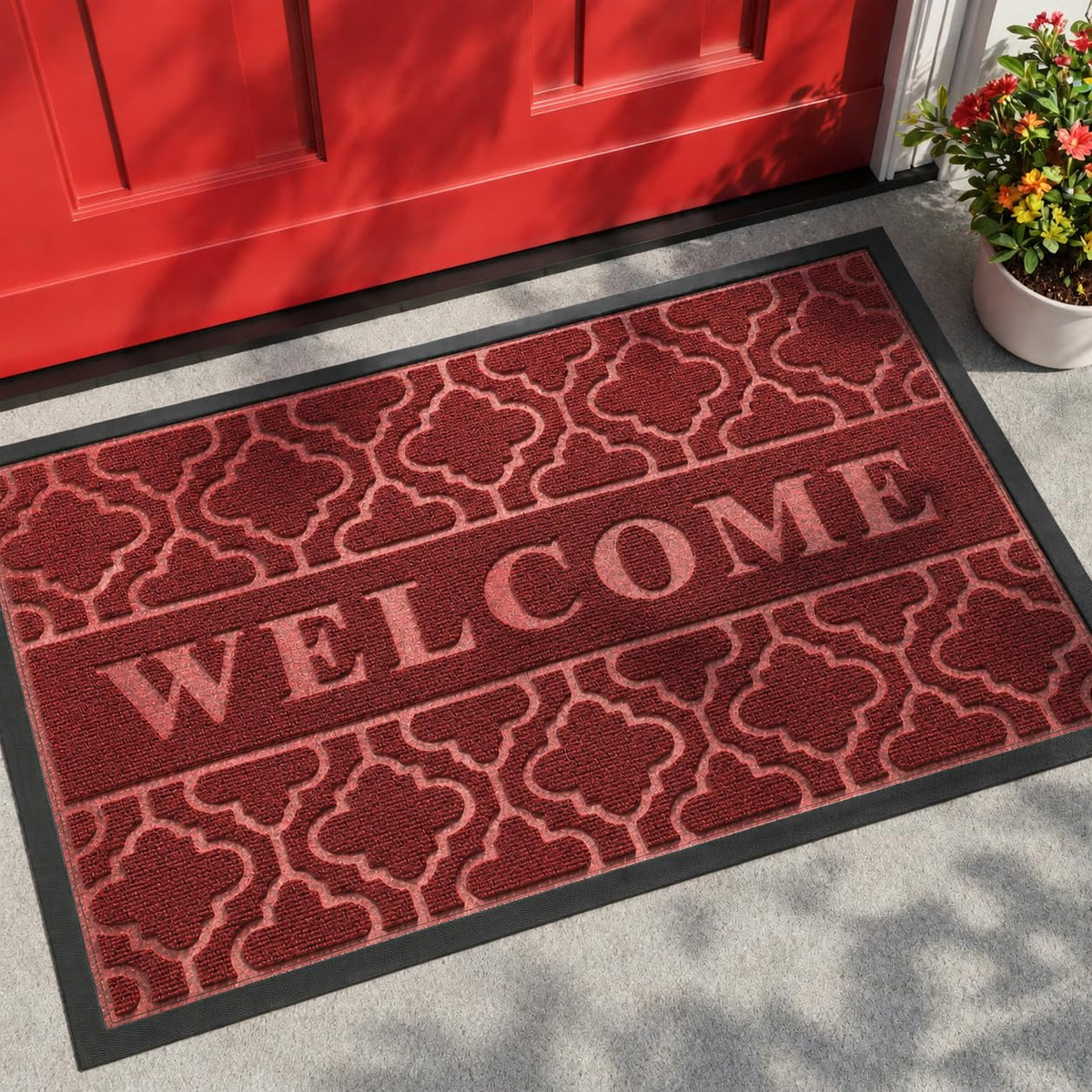 Yimobra felpudo frente rojo con diseño WELCOME y bienvenida elegante