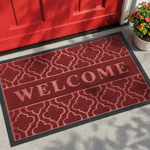 Yimobra felpudo frente rojo con diseño WELCOME y bienvenida elegante