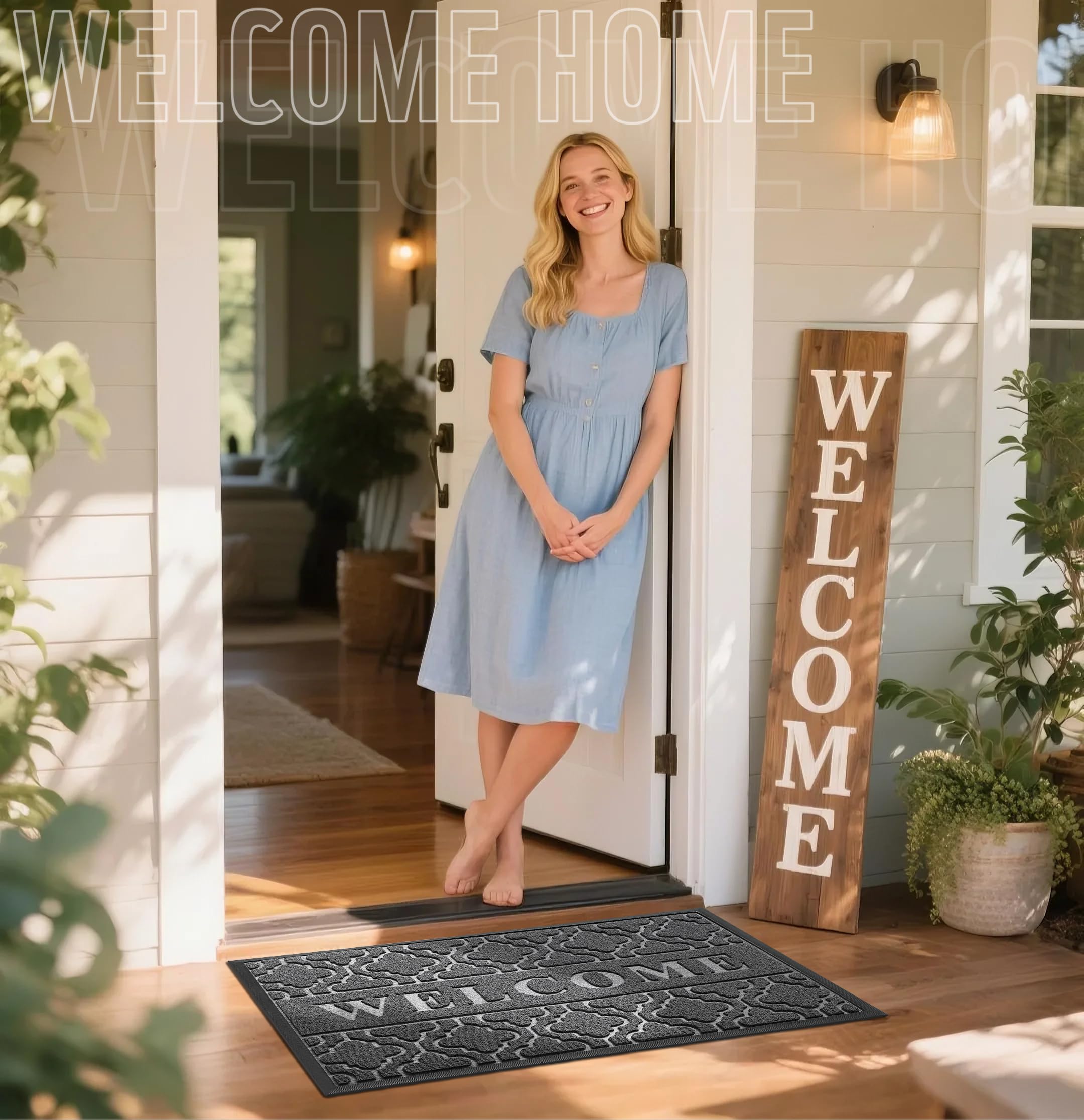 Yimobra primer plano del relieve WELCOME que facilita limpieza al pisar
